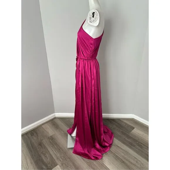 NWT Ieena for Mac Duggal One Shoulder Slit Satin Faux Wrap Maxi Gown Berry Sz 6 - Picture 9 of 13